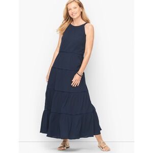 Talbots Navy Blue Tiered Halter Neck Maxi Dress Size 16 Petite 100% Cotton‎ NWT